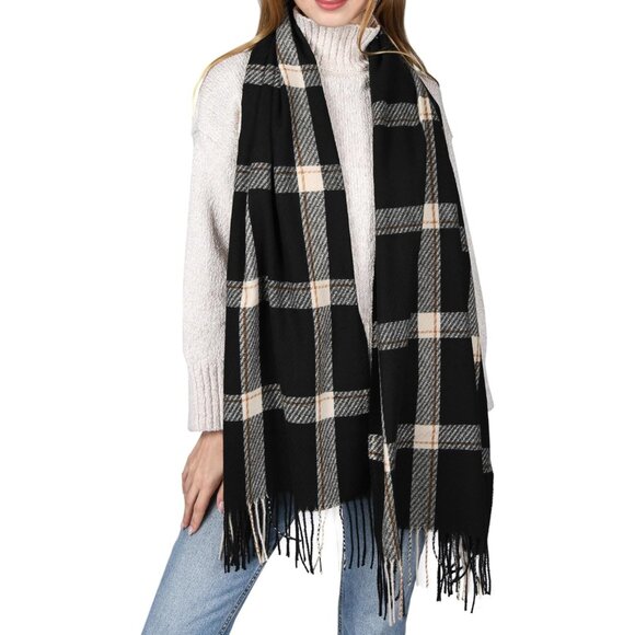 Women's Black Winter Shawl Soft Tassel Plaid Large Oversized Scarves Wraps - Picture 4 of 7